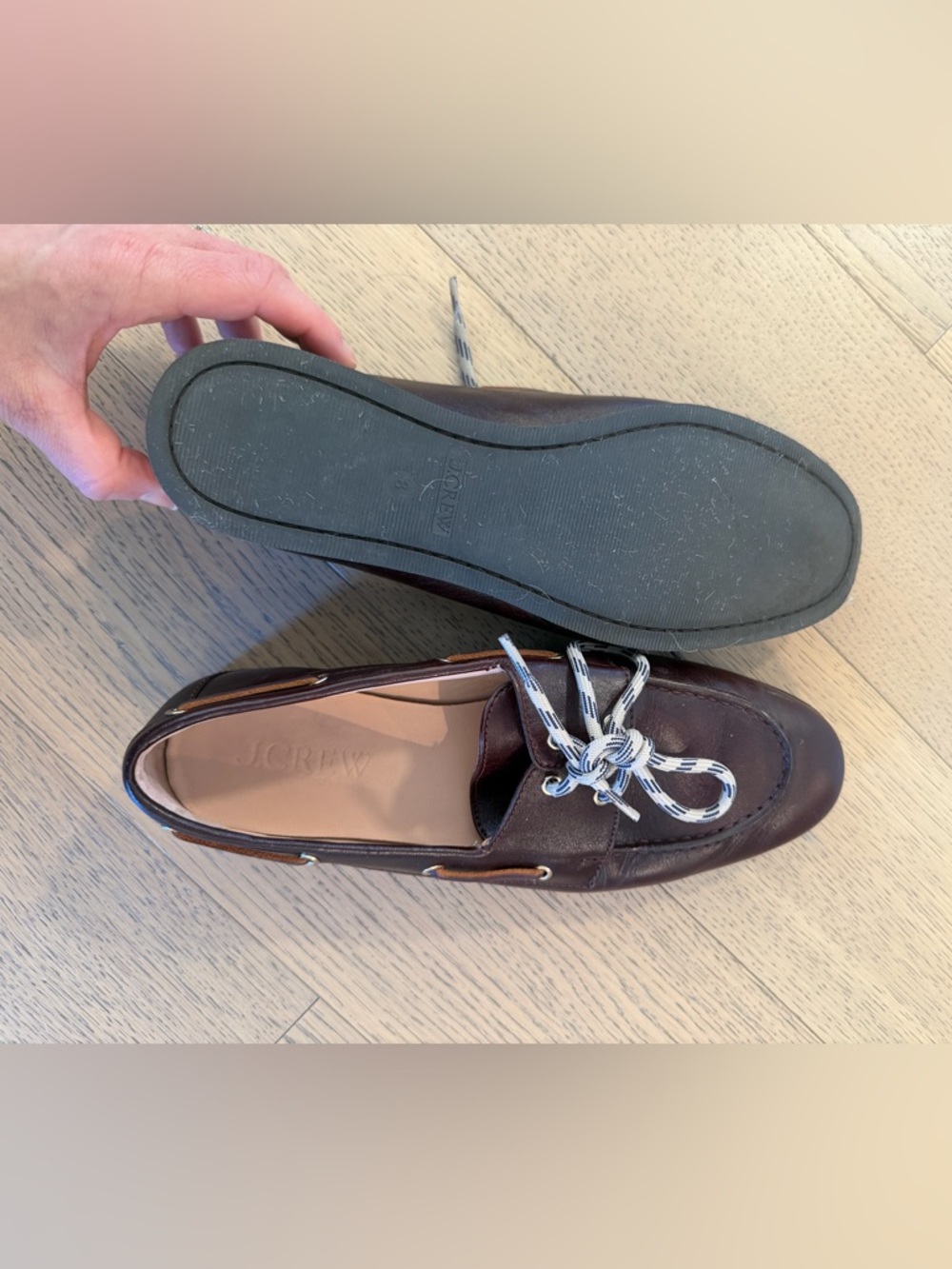J. Crew Women's Dark Brown Leather Boat Loafers with Cream Lace Detail - Picture 3 of 3